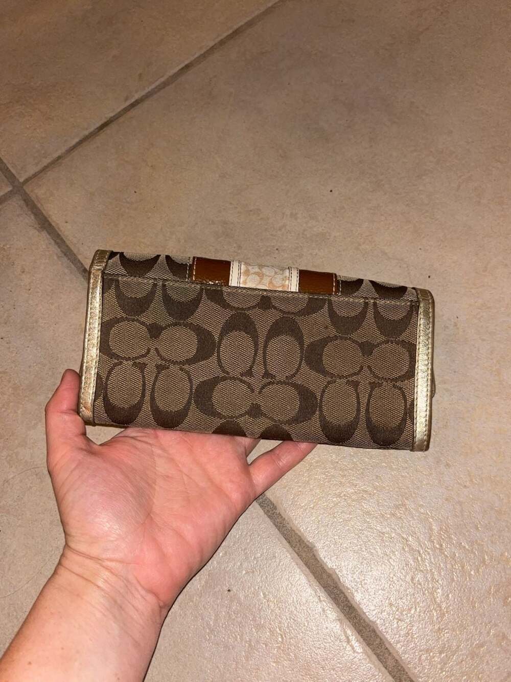 Coach Signature Stripe Slim Envelope Wallet Khaki Brown Gold Metallic Interior - Picture 6 of 7